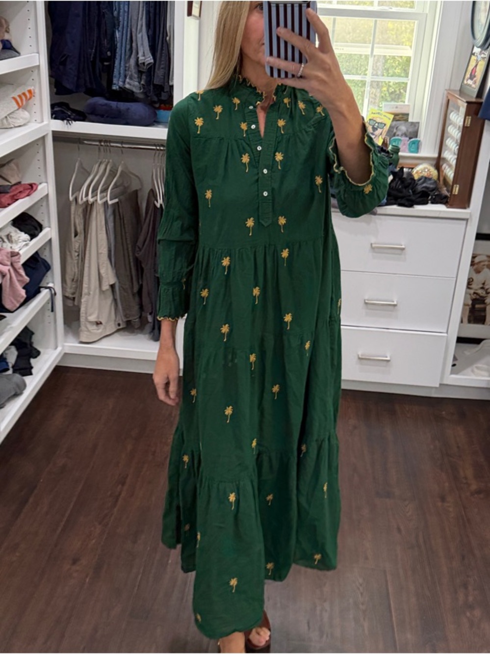 Amazon Dark Green Maxi Dress with Yellow Embroidered Motifs